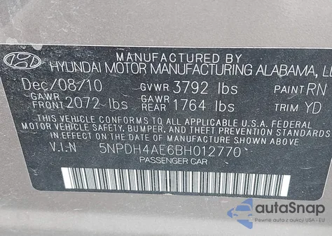 2011 Hyundai Elantra Limited z USA, uszkodzony, nr VIN 5NPDH4AE6BH012770